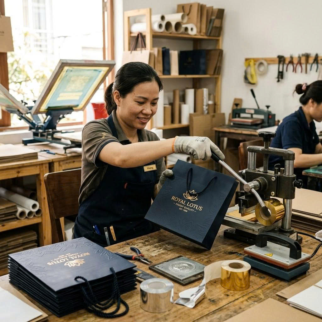 Gia công cán mờ, ép kim và dập nổi túi giấy