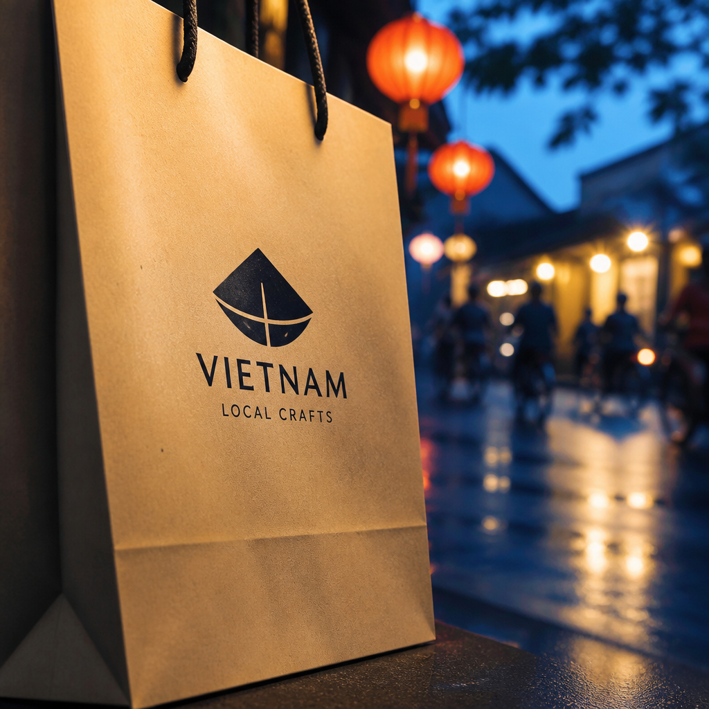 Một chiếc túi giấy đựng đồ mua sắm với logo thương hiệu nổi bật trên nền cửa hàng bán lẻ hiện đại, thể hiện vai trò trong branding.