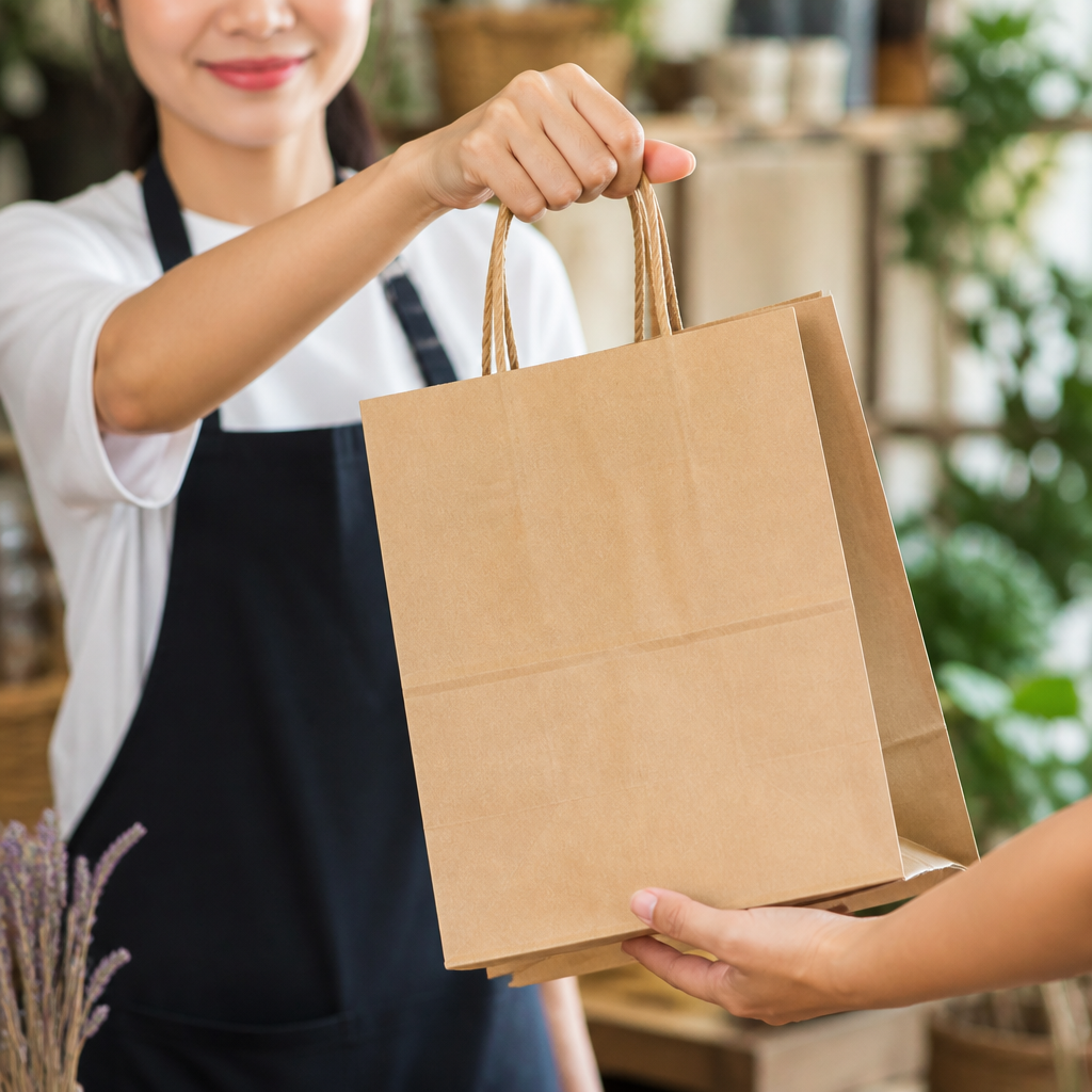 Khách hàng đang cầm một chiếc túi giấy thân thiện môi trường với mã QR code in trên bề mặt, sẵn sàng quét để tìm hiểu thêm thông tin.