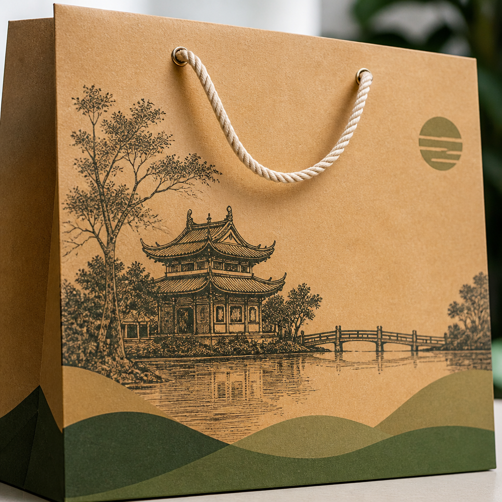 Thiết kế túi giấy với logo và thông tin thương hiệu rõ ràng