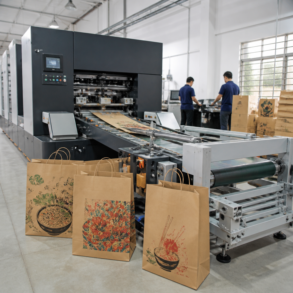 Máy in kỹ thuật số hiện đại đang in hình ảnh đa dạng lên túi giấy với tốc độ nhanh chóng
