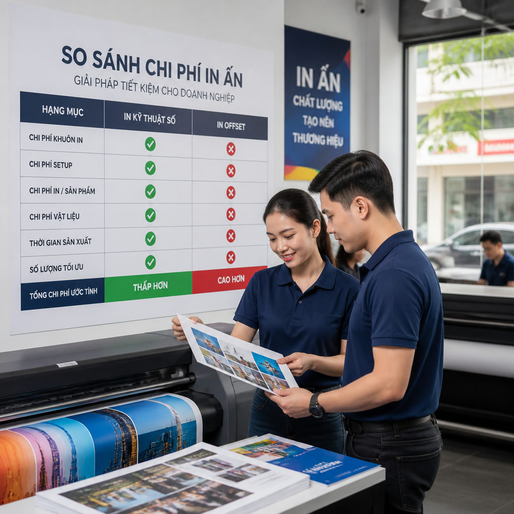 Biểu đồ so sánh chi phí và thời gian sản xuất giữa in Offset và in Kỹ thuật số