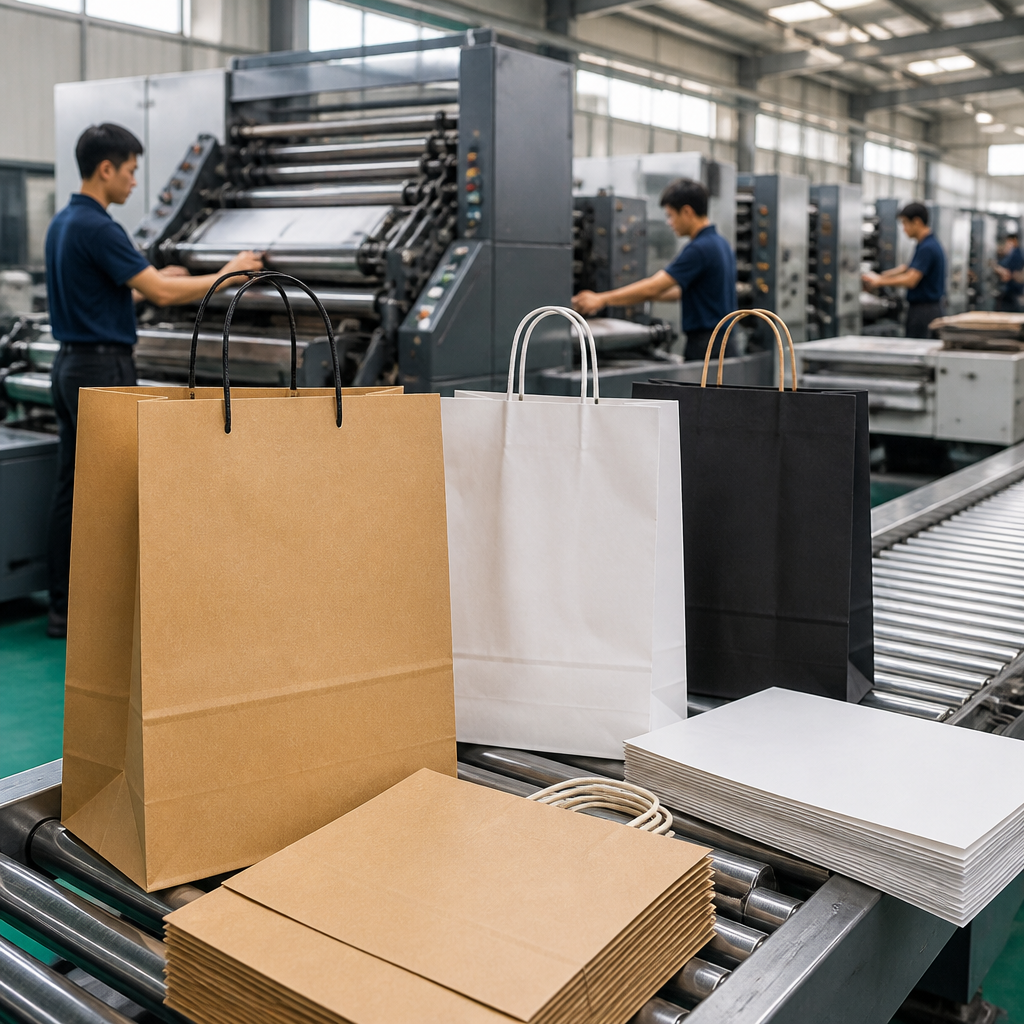 Nhân viên đang kiểm tra chất lượng túi giấy vừa ra lò tại xưởng in ấn chuyên nghiệp.