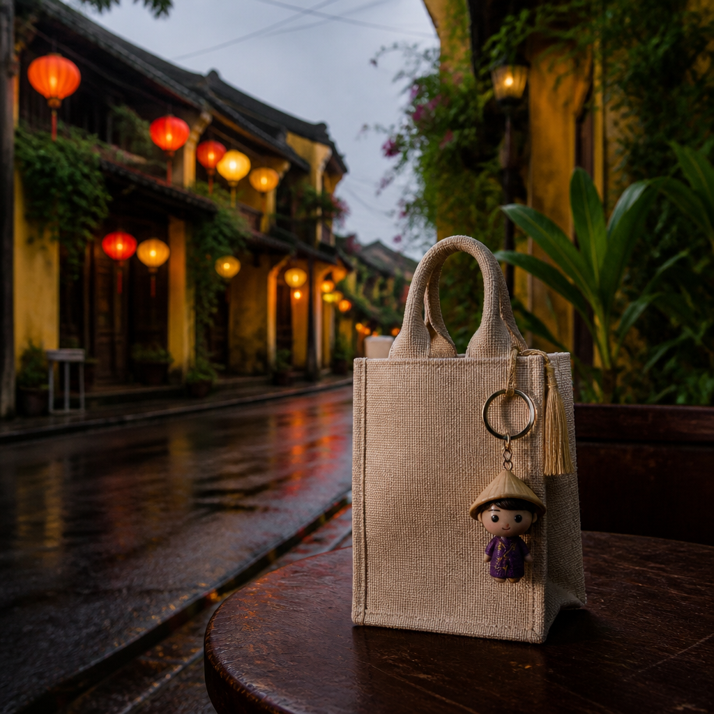 Chiếc túi đựng quà nhỏ với móc khóa handmade bên trong