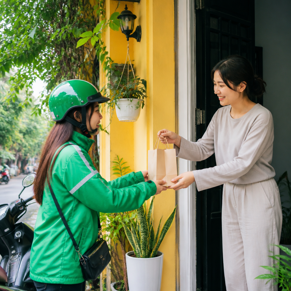 Khách hàng mỉm cười nhận chiếc túi giấy nhỏ đựng quà từ nhân viên cửa hàng