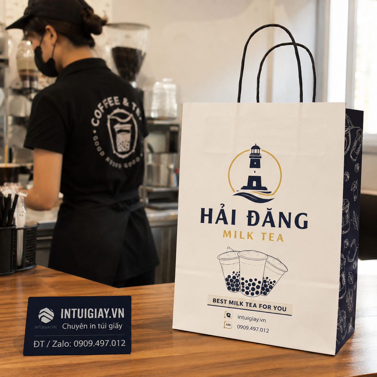 In túi giấy đựng trà sữa Ngọn Hải Đăng