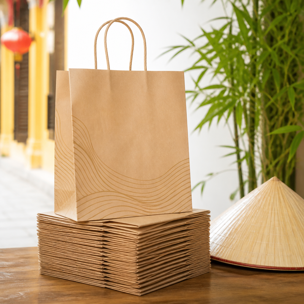 Chồng túi giấy Kraft màu nâu xếp chồng lên nhau, thể hiện sự đa dạng và phổ biến của loại bao bì bền vững này.