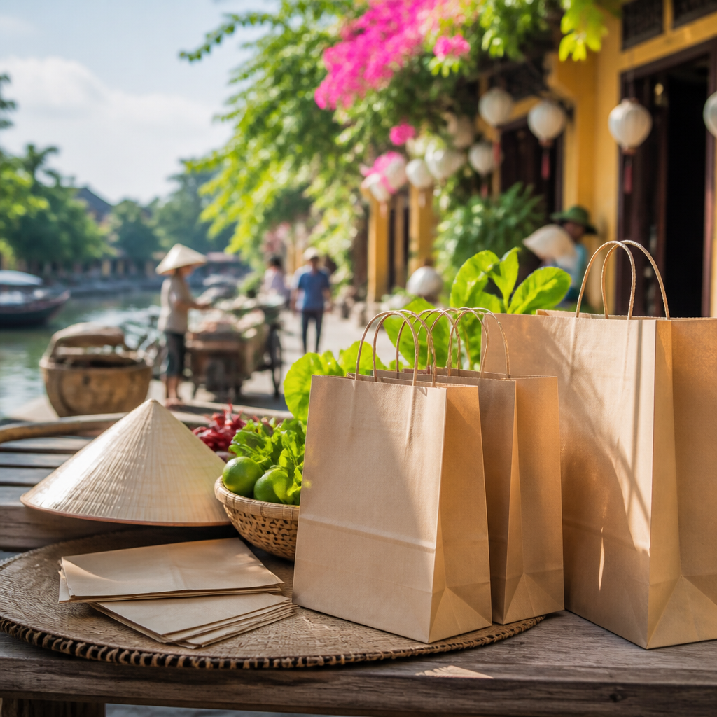 Hai loại túi giấy Kraft, một loại màu nâu tự nhiên với bề mặt mộc mạc và một loại màu trắng có lớp phủ bóng, thể hiện sự đa dạng về chất liệu.