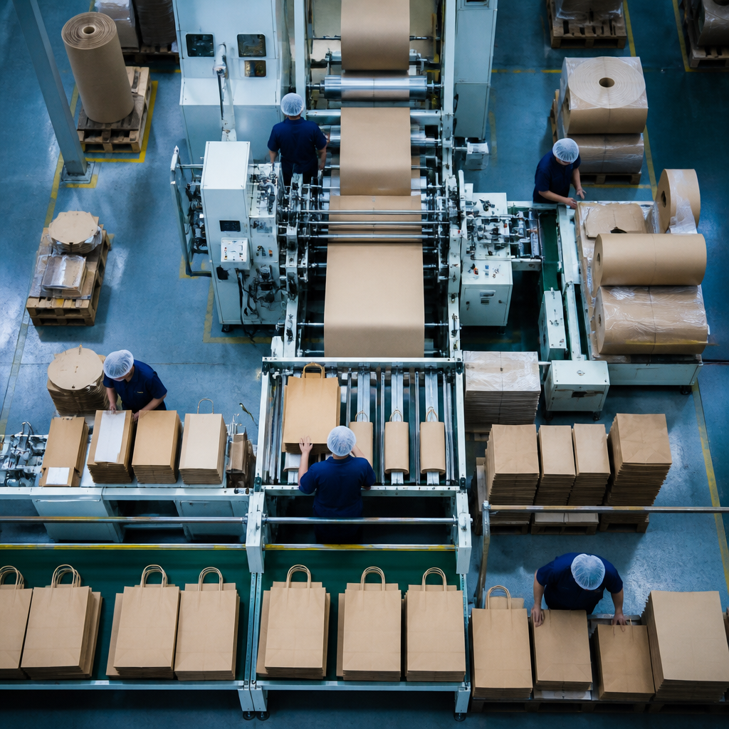 Nhà máy sản xuất bao bì bền vững với dây chuyền sản xuất túi giấy Kraft, nhấn mạnh xu hướng thân thiện môi trường.