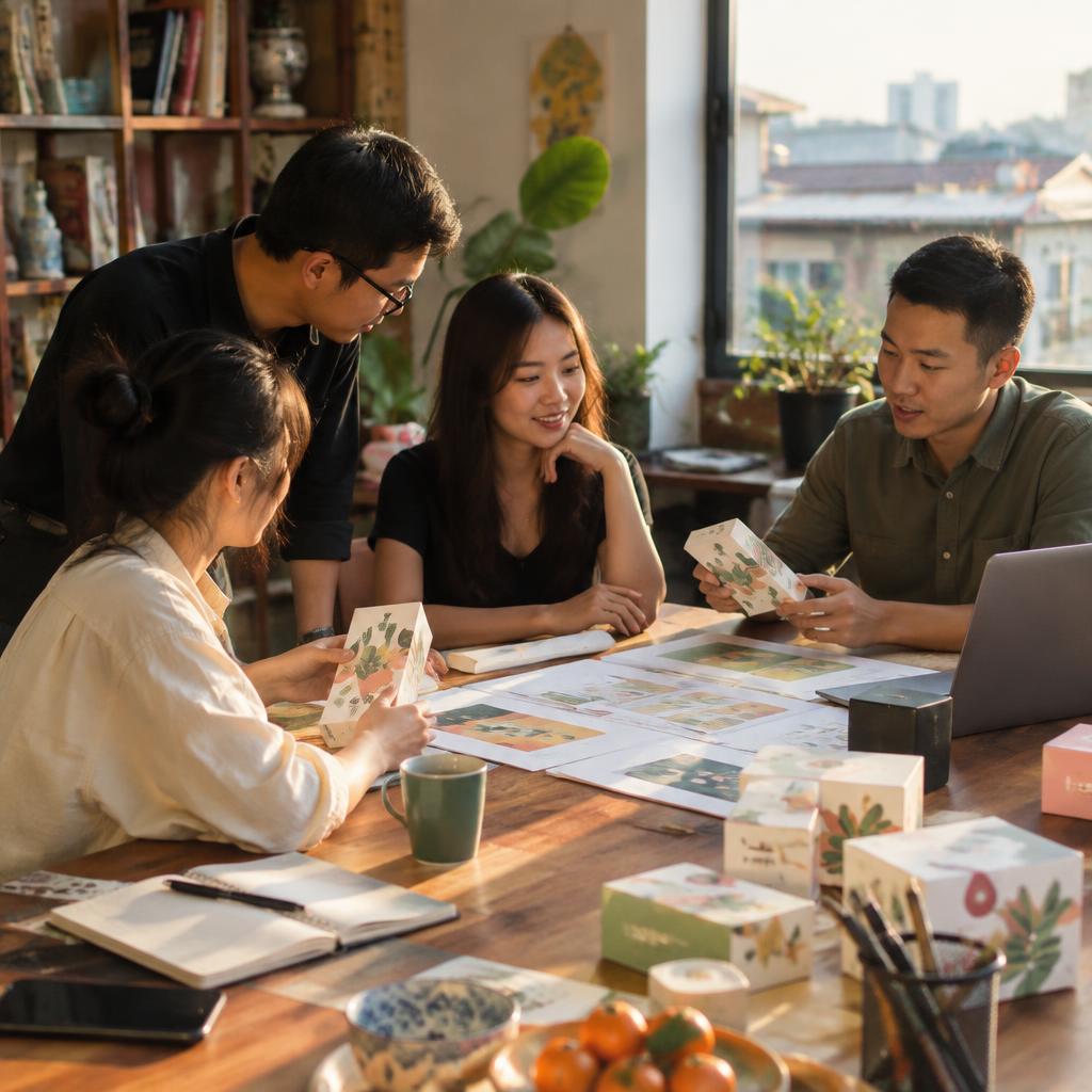Nhóm thiết kế đang thảo luận về mẫu bao bì sản phẩm mới trên bàn làm việc