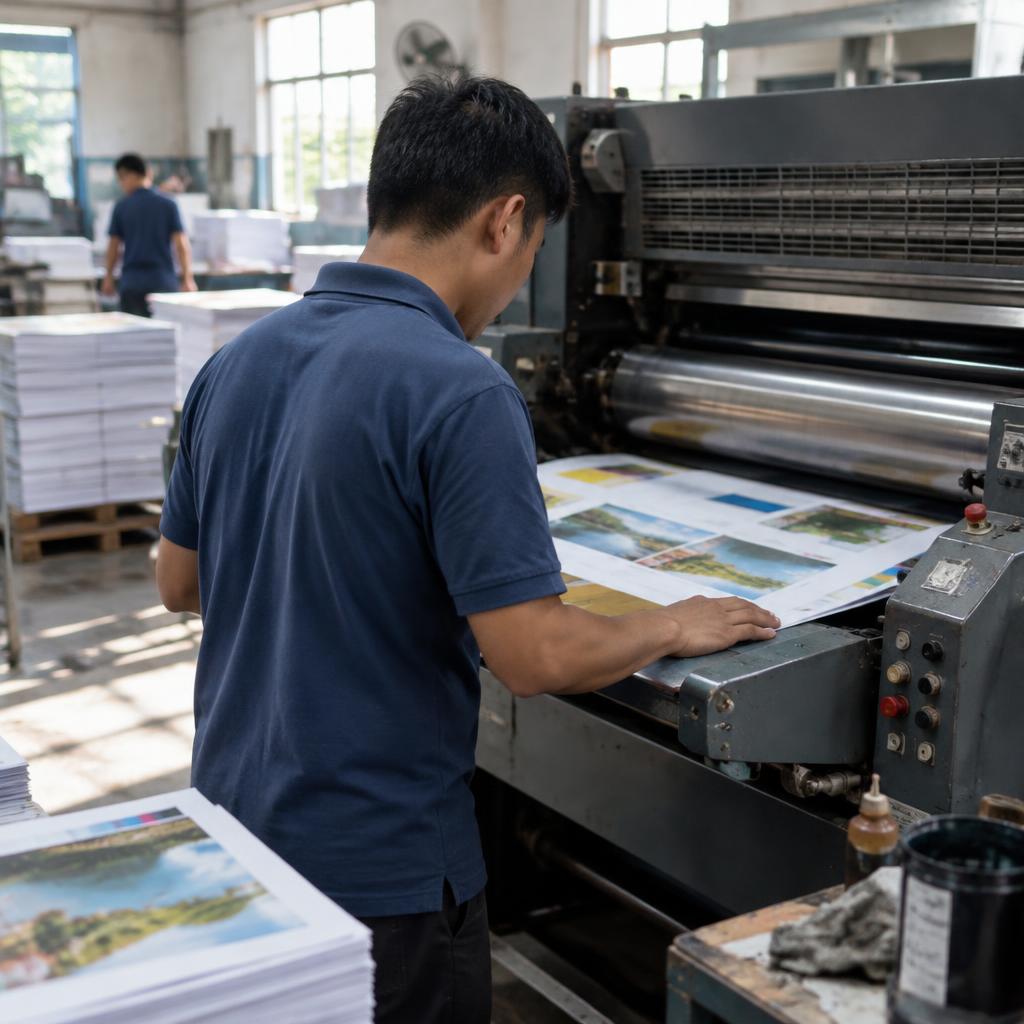 Dây chuyền máy in hiện đại trong xưởng sản xuất túi giấy.