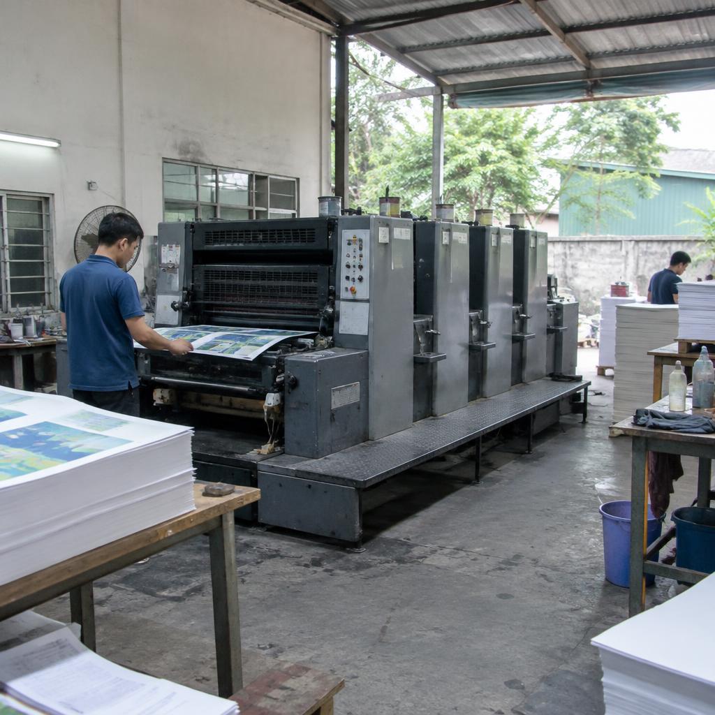 Máy in offset đang thực hiện quy trình in ấn