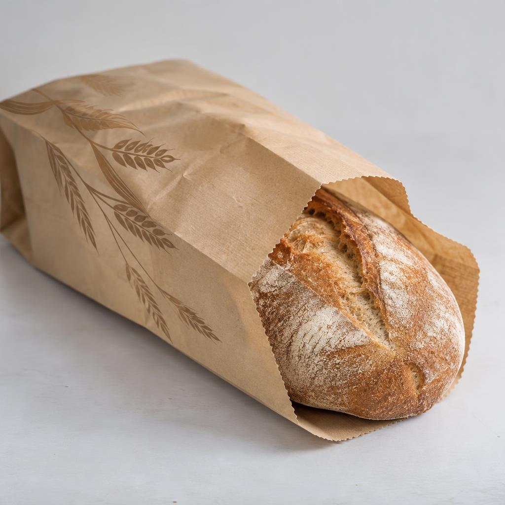 Quy trình in ấn mực an toàn trên túi giấy đựng bánh mì trong xưởng sản xuất hiện đại.