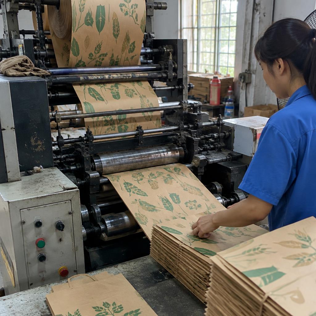 Bên trong một nhà máy in bao bì với các cuộn giấy lớn đang được chuẩn bị để in túi bánh mì.