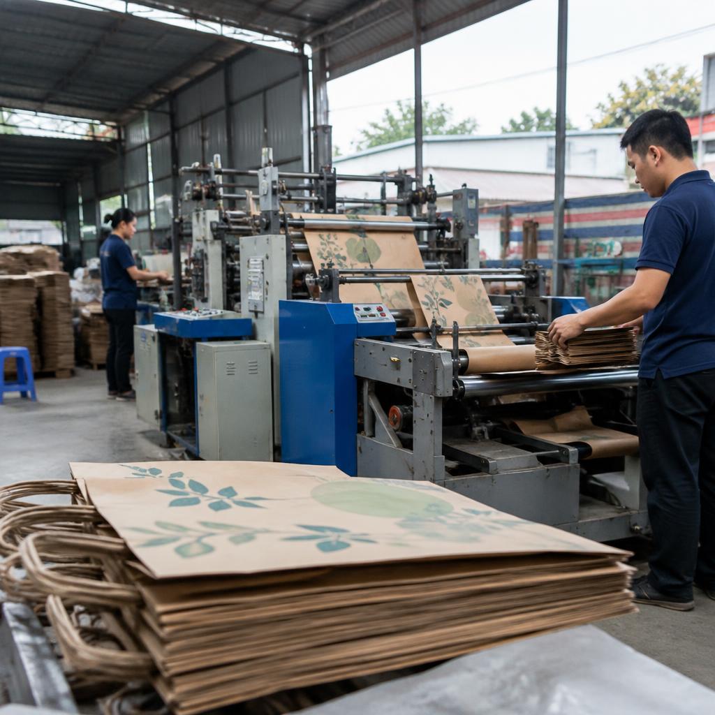 Quy trình in túi giấy tại xưởng sản xuất với máy móc hiện đại.